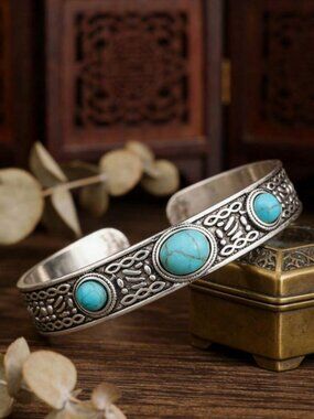 14K White Gold Womens Turquoise Cuff Bangle Bracelet Ladies 14 K Silver Jewelry
